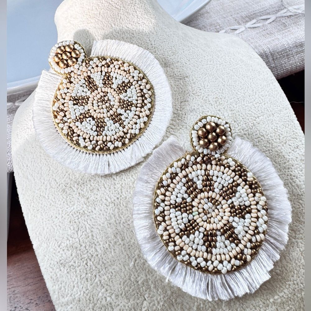 Free People Beaded Fringe Statement Earrings in White, Cream & Gold